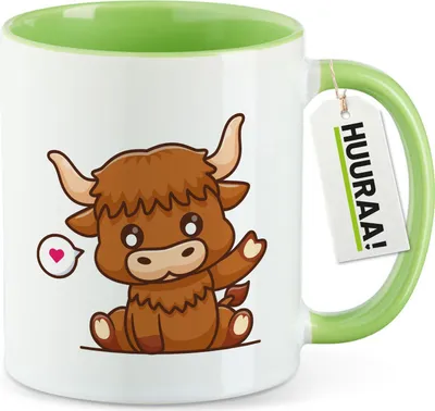 Produktbild von Huuraa Kaffeetasse Schottisches Hochlandrind Zottelrind 330ml Grün Keramik Kaffeebecher Geschenkidee