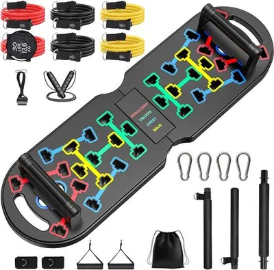 Productafbeelding van Unyqoos® Complete, draagbare fitnessset voor thuis – inklapbaar push-up board (ABS), 3-delige Pilatesstang, 6 weerstandsbanden, 2 handgrepen en een deuranker voor krachttraining en revalidatie