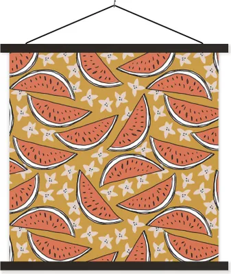 Produktbild von MuchoWow® Textilposter Sommer - Seestern - Wassermelone 120x120 cm mit schwarzem Rahmen - Aufhängungsset