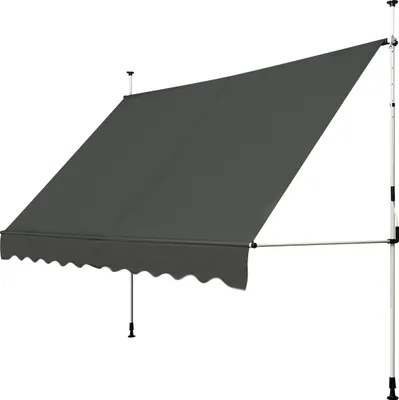 A gray awning extended from a white pole against a white background.