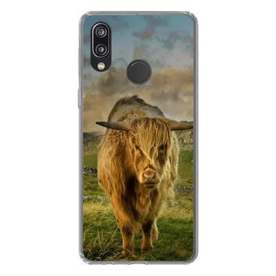 Produktbild von MuchoWow® Handyhülle Schutzhülle Hülle für Huawei P20 Lite (2020) Schottischer Highlander - Gras - Berg Silikon Softcase Handy Hülle - Kartenhalter
