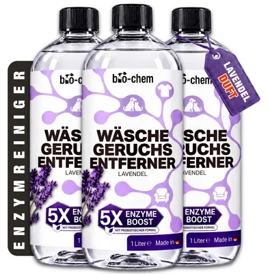 Produktbild von bio-chem Geruchsentferner Wäsche 3x 1 L – Enzymreiniger Waschmaschine, Waschzusatz gegen Schweiß, Katzenurin, Hundeurin & Moder [LAVENDEL]