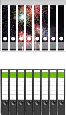 Produktbild von Wallario 8 Stück schmale Ordner inkl. Klebeetiketten mit Motive Feuerwerk bei Nacht -  Set mit Rückenschildern / Ordnerrücken Stickern