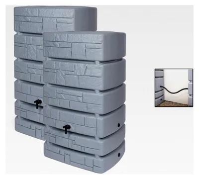 Produktbild von 2 x XXL Regentonne 500 L - Regenwassertank mit Hahn aus Kunststoff in verschiedenen Größen und Farben (wählbar) Wassertonne in Stein-Optik mit praktischem Verbindungsstück