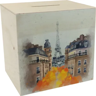 Produktbild von Eiffelturm in Paris Spardose aus Holz in Wasserfarbenoptik