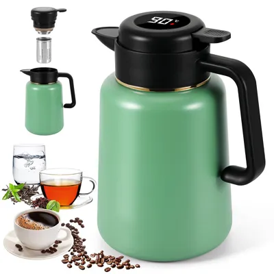 Thermosflasche 1,8 l mit Teesieb, Edelstahl, Temperaturanzeige, grün