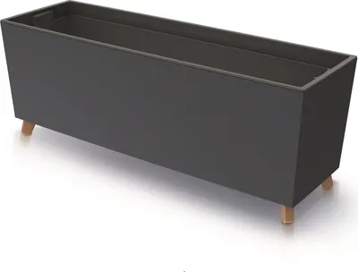 A dark gray rectangular planter with wooden legs on a white background.