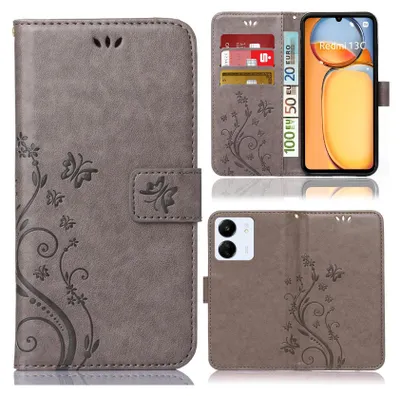 Produktbild von Handy Tasche für Xiaomi Redmi 13C Schutz Hülle Handyhülle mit Blumenmuster Klapp Hülle mit Standfunktion und Kartenfächer Farbe: Grau