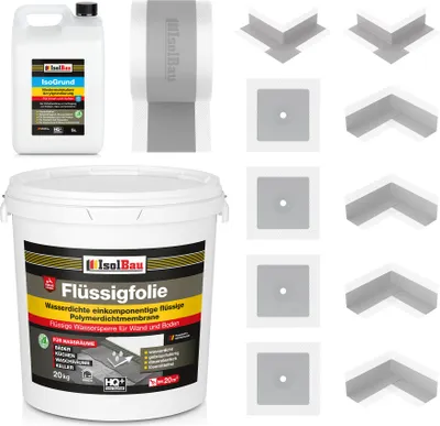 Produktbild von Isolbau Dicht-Set - Inkl. 1x Flüssigfolie (20 kg), 1x Grundierlösung (5 L), 1x Dichtband (20 m), 4x Innenecken, 2x Außenecken & 4x Manschetten