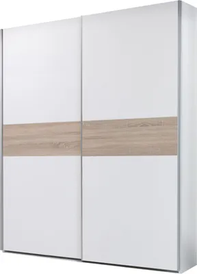 A sliding door wardrobe with white doors and a horizontal light wood accent strip.