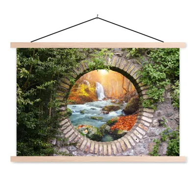 Produktbild von MuchoWow® Textilposter Herbst - Wasserfall - Natur - Aussicht 120x80 cm mit holzfarbenen Rahmen - Aufhängeset