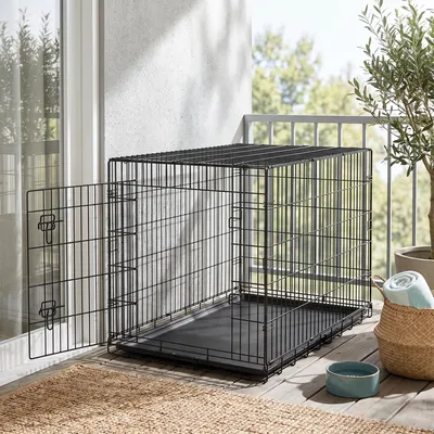 Produktbild von FEANDREA Hundekäfig Faltbar mit 1 Tür und Kunststoffschale für Große Hunde 122,5 x 74 x 80 cm Schwarz