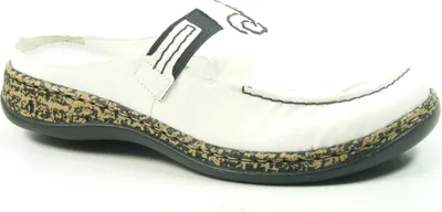 Produktbild von Rieker Damen Pantoletten Clogs Sabot Weiß 36, Modell 46393-80, aus Kunstleder mit Antistress-Ausstattung, Kork-Optik und Gummizug.