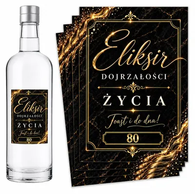 Obrázok produktu pre Etikety na fľaše – k 80. narodeninám – „Eliksir Dojrzałości” – čierna a zlatá – 8 ks