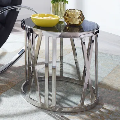 Produktbild von Beistelltisch Glas Metall Sofatisch Ø 45 cm Wohnzimmertisch Rund Silber