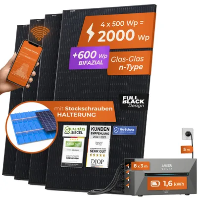 Produktbild von Solarway® Balkonkraftwerk mit Speicher 2000W komplett Steckdose - 1,6kWh Anker Solix 2 PRO - Solaranlage - 500W Solarmodule & Stockschrauben Halterung
