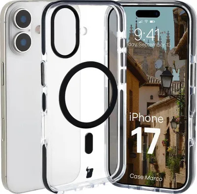 Produktbild von Handyhülle mit Magnetring für iPhone 17, Bizon Case Marco, Transparent mit schwarzem Rahmen