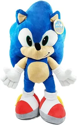 A large plush toy of the character Sonic the Hedgehog.