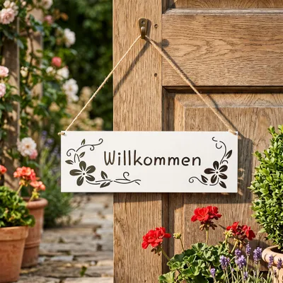 Produktbild von Türschild Willkommen Metall Weiß Hängedeko Gartenschild 25x9cm Gartendekoration Haustür Kordel Wanddeko Außendeko