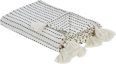 Produktbild von BELIANI Decke Cremeweiß aus Baumwolle Gestreift 220 x 240 cm mit Quasten Tagesdecke für Bett Sofa Schlafzimmer Wohnzimmer