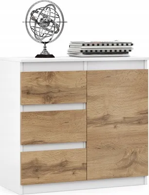 Immagine prodotto di VBChome Comò 80 x 35 x 75 cm con 3 cassetti e 1 anta Bianco - Rovere Wotan Comò senza maniglie Armadio multiuso per corridoio Camera da letto