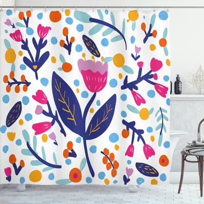 Obrázok produktu pre ABAKUHAUS Kvetinová sprchová záves, ručne maľované kvety v štýle doodle a farebné škvrny listov – farebné záhradné umenie, 175 x 180 cm, viacfarebné