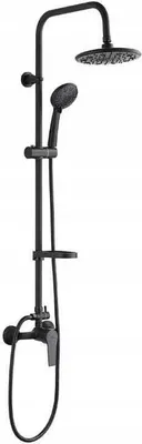 A black shower set with a wall-mounted faucet and a handheld showerhead, displayed against a white background.