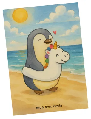 Produktbild von Mr. & Mrs. Panda Postkarte Pinguin Schwimmring Design - Weiß - Geschenk, Ansichtskarten, Ansichtskarte, Fotokarte, Grußkarte, Postkarten, Sommer