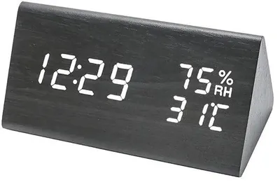 Image de Réveil en bois avec horloge, date, température et humidité, idéal pour la maison, la chambre à coucher ou le bureau