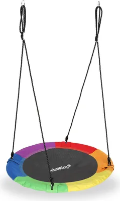 Zdjęcie produktu dla Huśtawka gniazdowa Relaxdays, huśtawka ogrodowa dla dzieci i dorosłych, średnica 110 cm, nośność do 100 kg, okrągła, huśtawka talerzowa, kolorowa