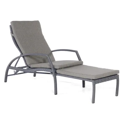 A gray chaise lounge chair with a matching ottoman, shown on a white background.