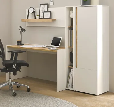 Produktbild von Büromöbel Set Center in weiß und Wotan Eiche Schreibtisch, Aktenschrank, Regal