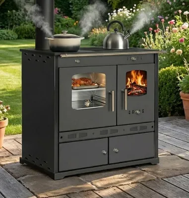 Produktbild von Outdoor-Küchenofen Gartenherd ECO LUX INOX, Edelstahlbackfach, schwarz, linke Version