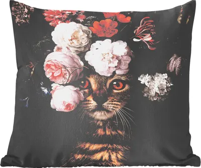Produktbild von MuchoWow® Zierkissen Sofakissen Wohnzimmer Dekokissen 40x40 cm Katze - Blumen - Haustier - Foto Kissen - Schlafzimmer Dekoration