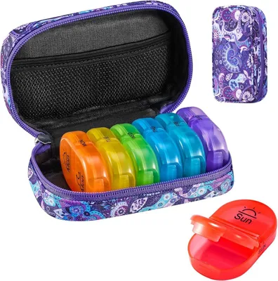 Image de Serfeymi Boîte à comprimés Organiseur 7 jours arc-en-ciel avec poche - Violet