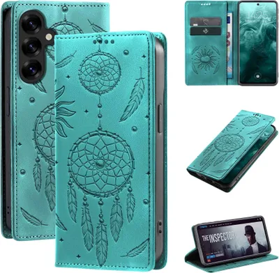 Produktbild von Handyhülle für Samsung Galaxy S25 FE RFID Schutz Klapphülle Case Cover Blumen Design Traumfänger Schutzhülle Farbe: Türkis