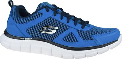 A side view of a blue Skechers sneaker against a white background.