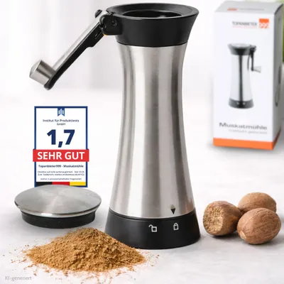 Produktbild von Muskatmühle Edelstahl mit Behälter & Kurbel klappbar Muskatnussmühle Gewürzmühle Hasselnuss & Tonka, KI-generiertes Bild