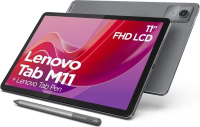 A Lenovo Tab M11 tablet with a stylus is shown at an angle against a white background. The tablet screen displays a colorful graphic and text.