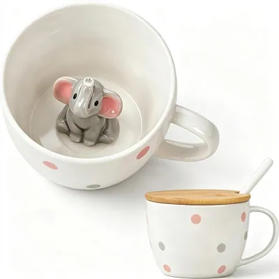 Productafbeelding van Koffiemok Olifant 3D, keramiek, grijs, 350 ml, met deksel en lepel. Ideaal als cadeau