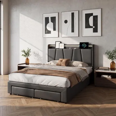 Produktbild von INONEFT Polsterbett 140x190 cm mit Stauraum, Jugendbett mit Ladefunktion (USB & Type-C), Boxspringbett mit LED und Lattenrost, Leinen, Grau