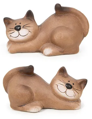 Produktbild von 2 Deko Katzen beige braun aus Keramik Katzenfiguren liegend Geschenkidee 11 cm