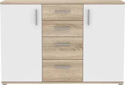 Produktbild von Sideboard >IKOLI< 2 Türen, 4 Schübe, Sonoma Eiche / Weiss - 119,6x81,7x31,4cm (BxHxT)