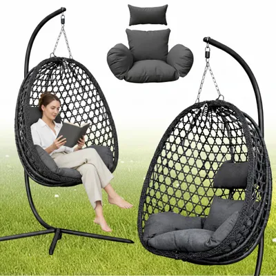 Produktbild von MEVEN AURA | Hängesessel mit Gestell Graphit Hängekorb Outdoor & Indoor | Schwebesessel Inkl. XXL Kissen 110kg | Luxus Korbsessel für Garten & Balkon
