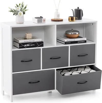 Produktbild von GOPLUS Kommode mit 5 Stoffschubladen, Aufbewahrungsschrank mit 2 offenen Fächern & 2 Kippsicherungen, Beistellschrank Sideboard, 100 x 30 x 78cm
