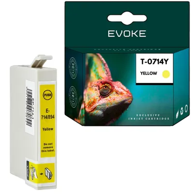 Productafbeelding van Evoke compatibele inkt voor Epson C13T07144011 T0714, geel, 13,5 ml, geschikt voor 900 pagina's, voor modellen Stylus D78, D92, DX4000, 4050, 4400, 4450, 5000, 5050, 6000, 6050, 7000F, 7400, 7450, 8400, 8450; SX100, 105, 110, 115, 200, 205, 210, 215, 218, 400, 405, 410, 415, 510W, 515W, 600FW, 610FW