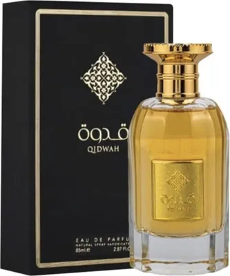 A bottle of Ard Al Zaafaran Qidwah Eau de Parfum and its packaging.