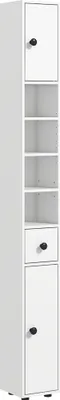 A tall, narrow white cabinet with doors and drawers.