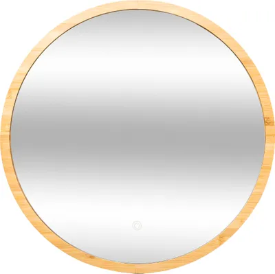 A round mirror with a bamboo frame.