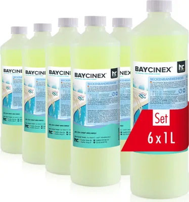 Produktbild von 6x1 L BAYCINEX® Beckenrandreiniger entfernt Schmutz- und Fettränder vom Poolrand